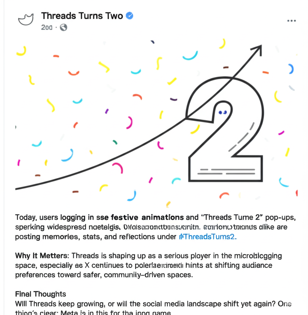 An illustration celebrating the second anniversary of Meta's Threads app, showing the number 2 with a growth arrow moving upwards through it, surrounded by colorful confetti. The image highlights Threads' success and growth as a microblogging platform and alternative to X.